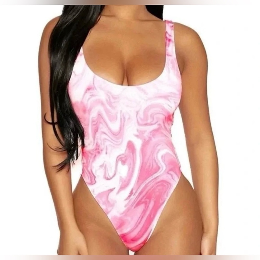 👙 NWT Naked Wardrobe Pink Marble One Piece Bathing Suit - Picture 3 of 8